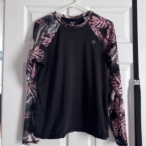 Hurley Black Rash Guard with Pink Tropical Print Sleeves